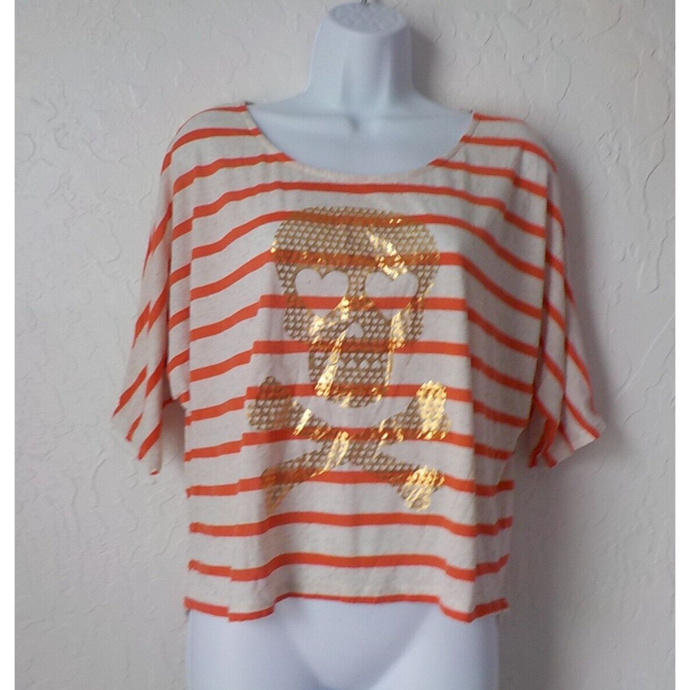 Jenna Jessie Striped Top Gold Skull Print Women XL Batwing Sleeve Ivory Orange